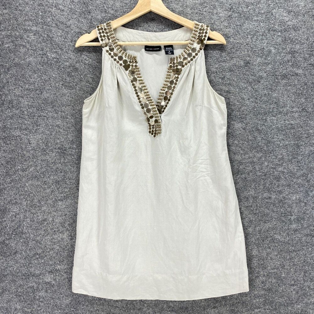 New York & Company Blouse Tunic Women S Small Beige Rhinestone Sleeveless Linen